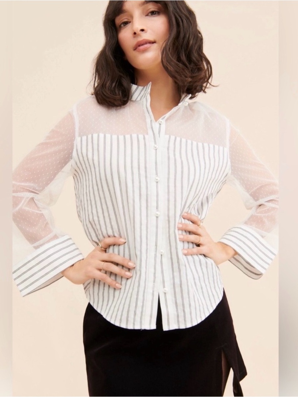 Anthropologie FRENCHMAUVE Striped Sheer Mesh Pearl Button Collared Blouse Sz M